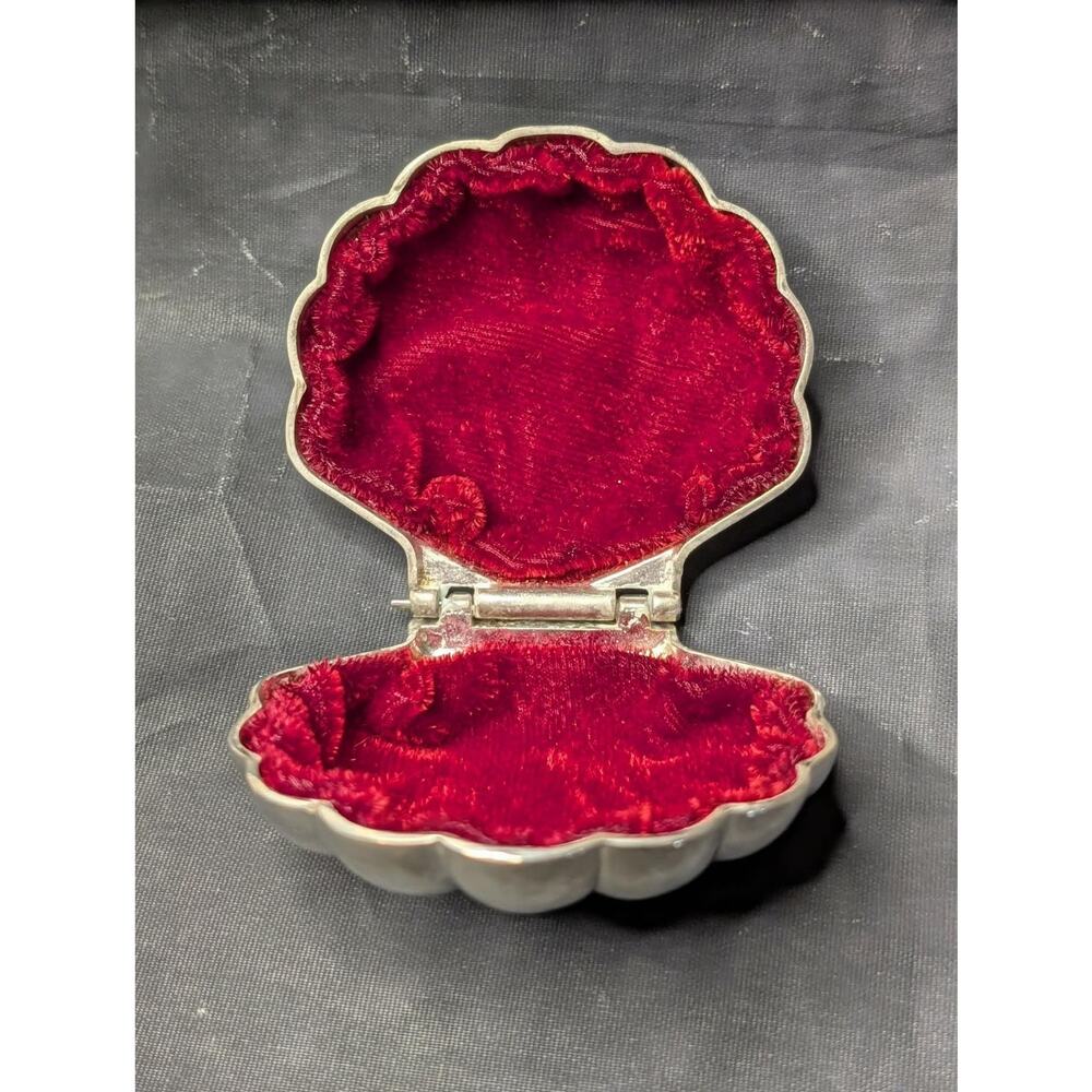 Vintage 1960's Silver Plated Scallop Shell Metal Jewelry Box Red Velvet Lined